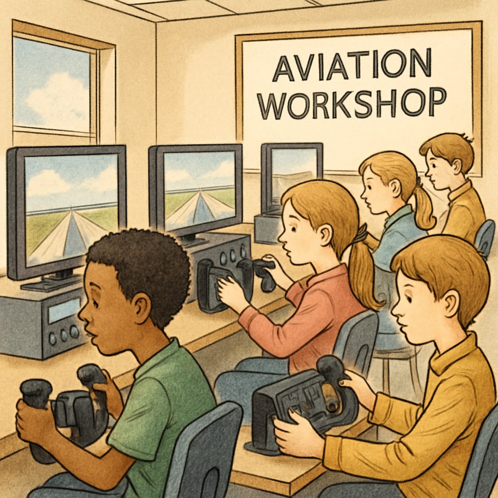 A group of students operating flight simulators during an aviation workshop, highlighting early education in aviation. Students exploring flight simulators during aviation workshop