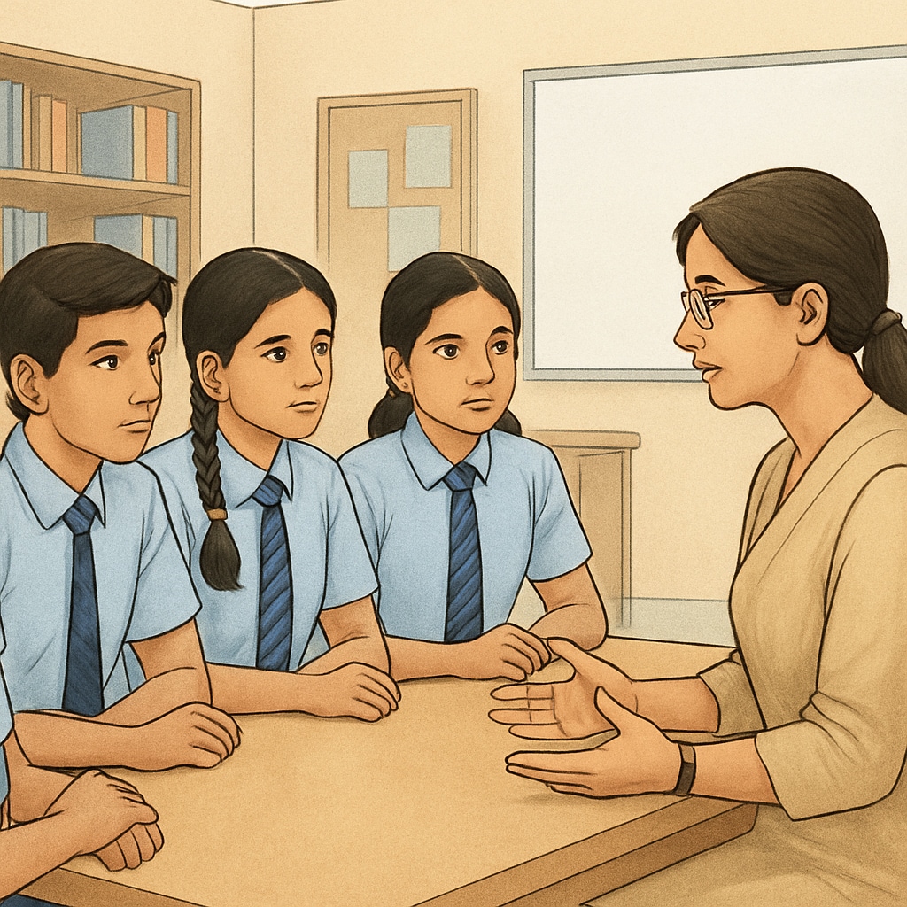 A group of Indian high school students discussing their career aspirations with a counselor, representing the idea of academic planning and exploration. Indian students discussing career aspirations and academic planning.