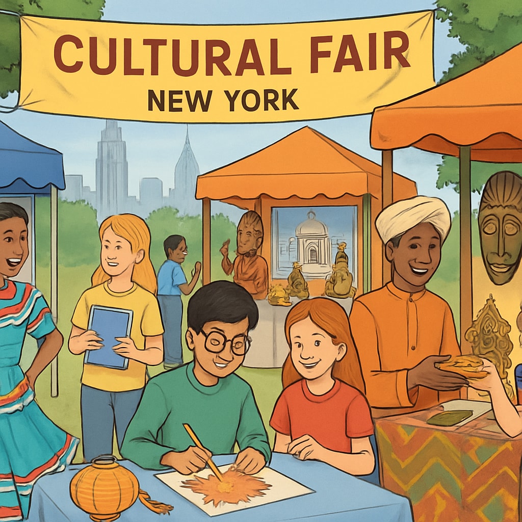 An international student group attending a cultural fair in New York, showcasing diverse traditions. International students exploring cultural fairs in New York to understand American traditions.
