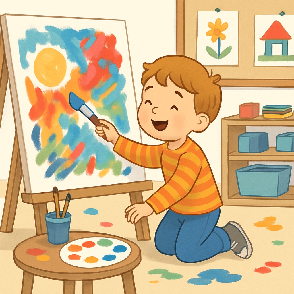 A young child painting a colorful masterpiece on a large canvas in an open, creative play environment. A four-year-old child expressing creativity through painting in a non-traditional setting.