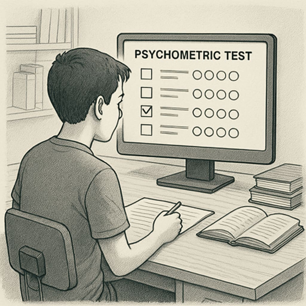 A student taking a psychometric test on a computer, symbolizing self-assessment as part of academic planning. Student using a computer for a psychometric test related to academic planning.