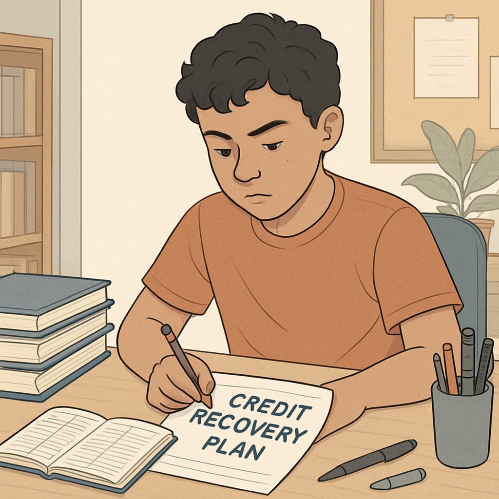 A student with ADHD working on a high school credit recovery plan at a desk, surrounded by textbooks and a planner. ADHD student working on credit recovery plan with textbooks and a planner.