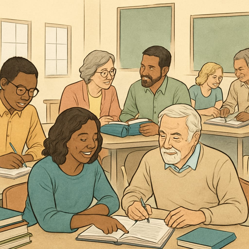 A diverse group of adults studying together in a community learning environment, symbolizing inclusive education opportunities. Group of adult learners in a community classroom setting