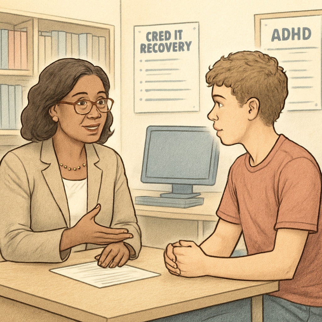 A high school counselor discussing credit recovery options with a student diagnosed with ADHD in an office setting. A counselor advising an ADHD student on high school credit recovery.