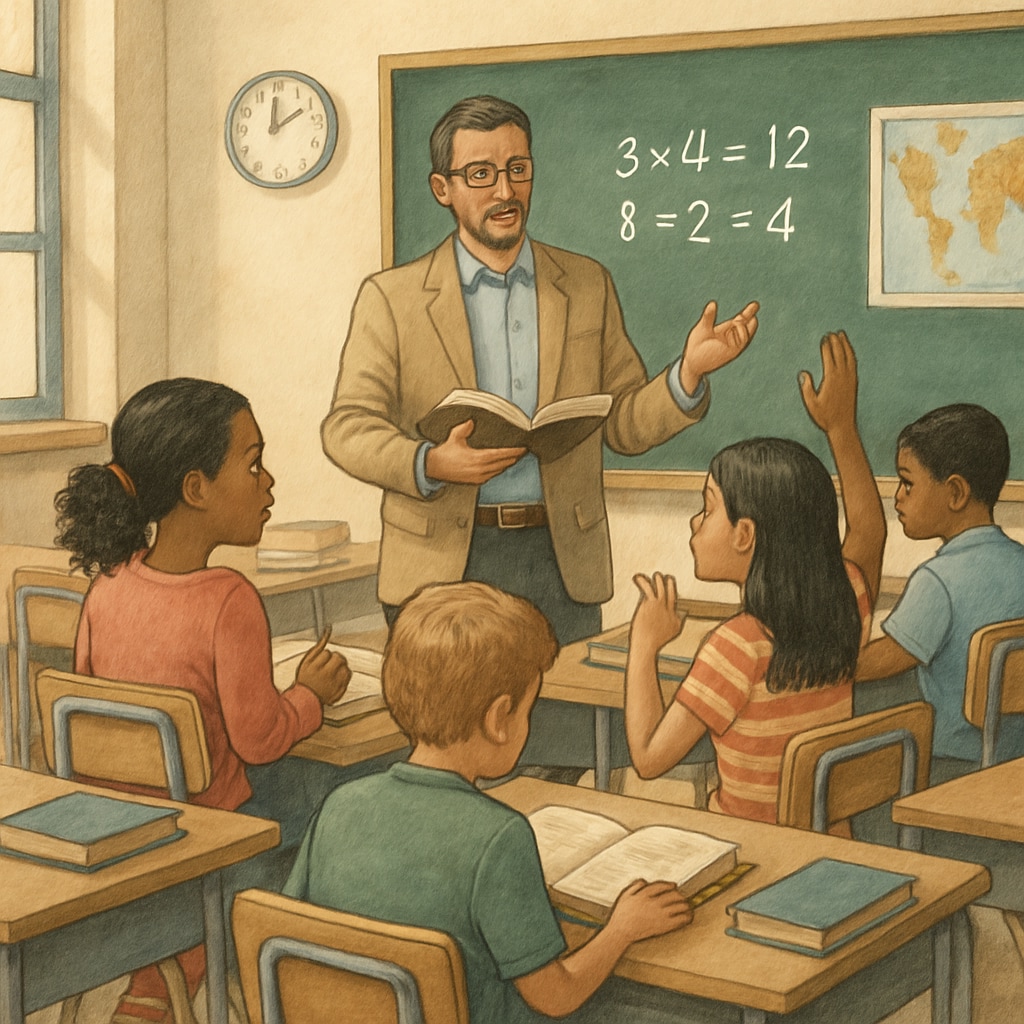 A teacher managing a diverse classroom with outdated tools, highlighting the need for innovation in education. A teacher struggling with classroom challenges and outdated tools