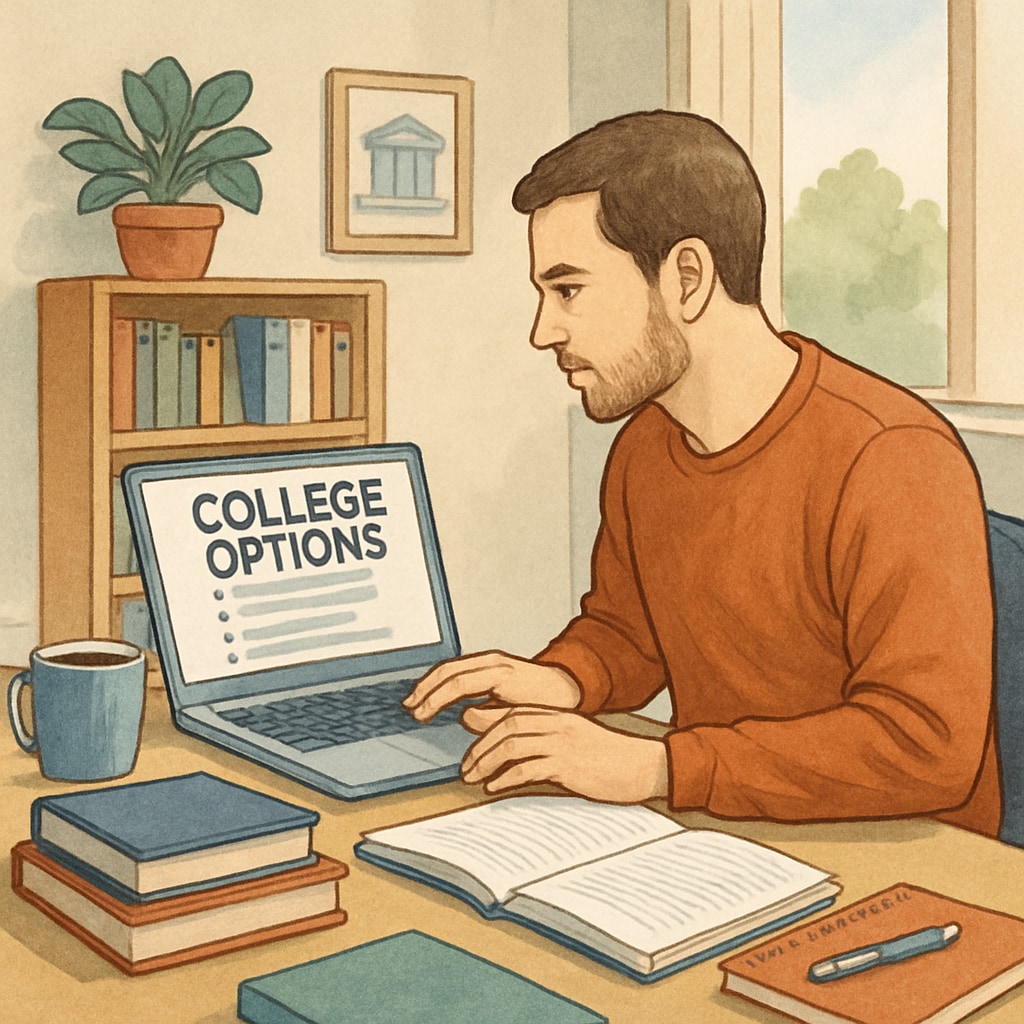 Adult student using a laptop to explore college admission options