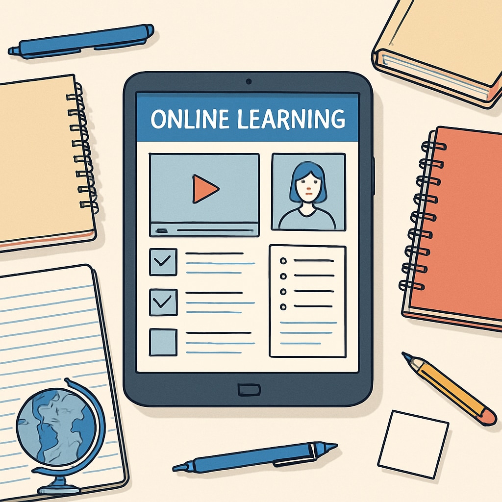 A tablet displaying an online learning platform, surrounded by notebooks and pens, symbolizing accessible modern education. Tablet showing online education tools for adult learners