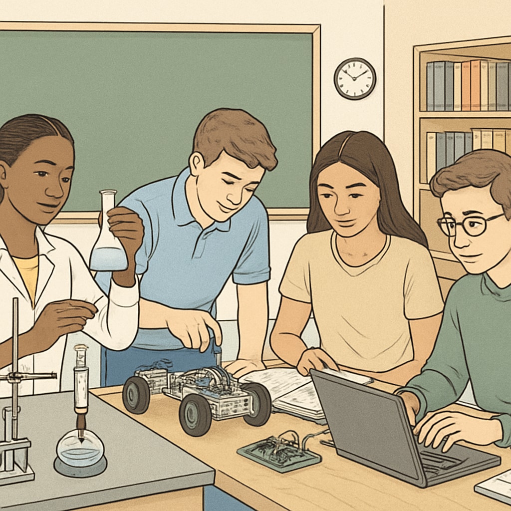 High school students actively participating in STEM-focused activities, showcasing their preparation for competitive college admissions. High school students engaged in STEM projects for college preparation, related to UC San Diego expansion.