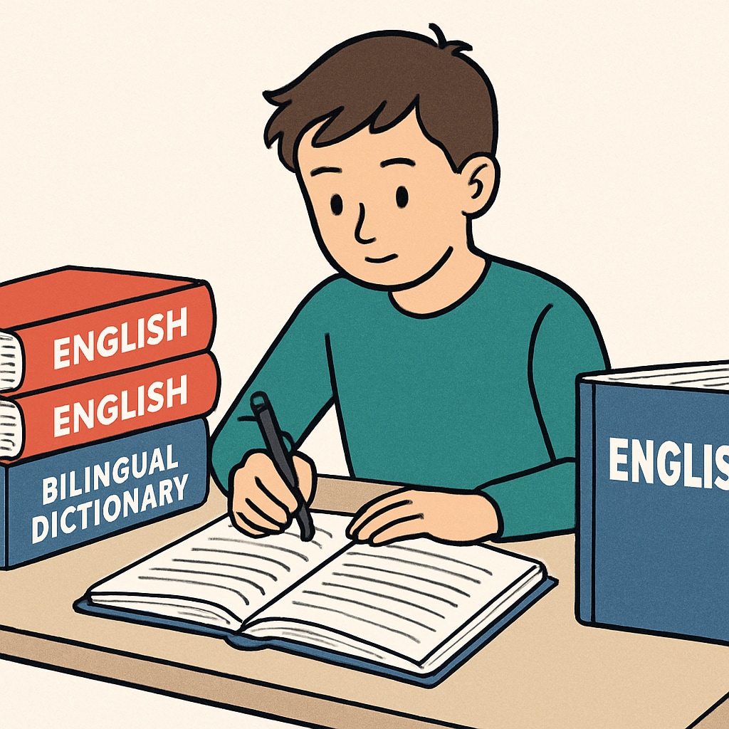 A student studying at a desk with English textbooks and a bilingual dictionary to support their learning. Student using bilingual resources for language transition while studying.