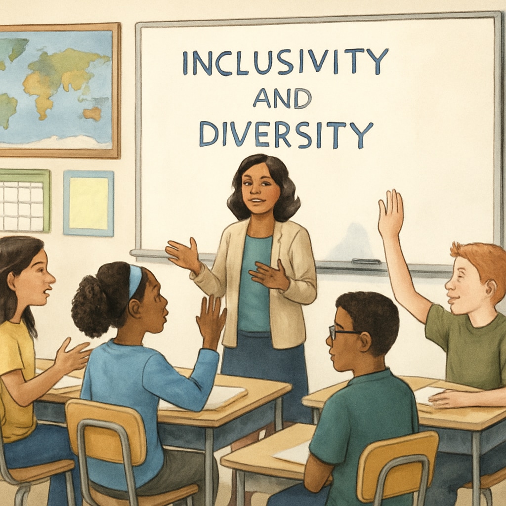 A classroom setting in a K-12 school with students engaging in a diversity-related discussion. The image highlights the importance of inclusive education in schools. Students in a classroom participating in a discussion about diversity courses.