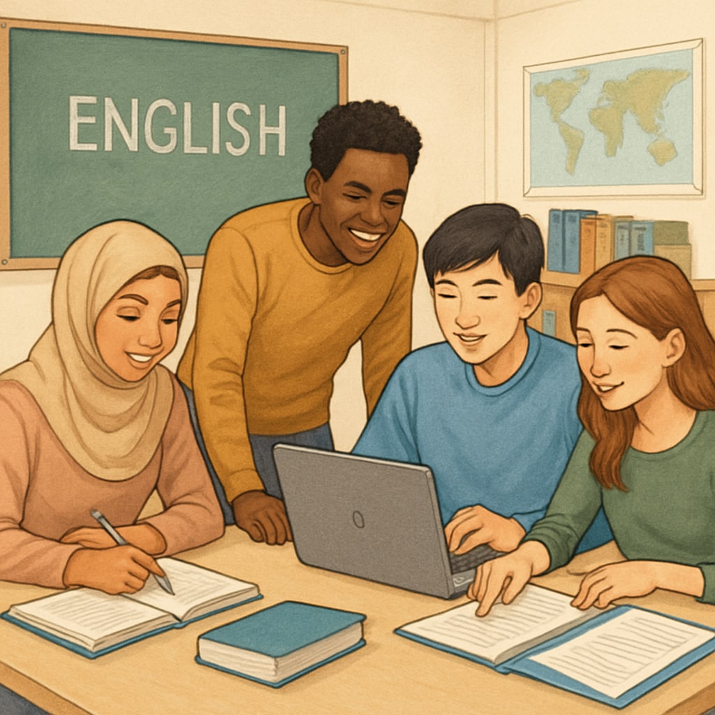 A group of international students collaborating on a project in an English-speaking classroom setting. International students learning together in an English-medium classroom.