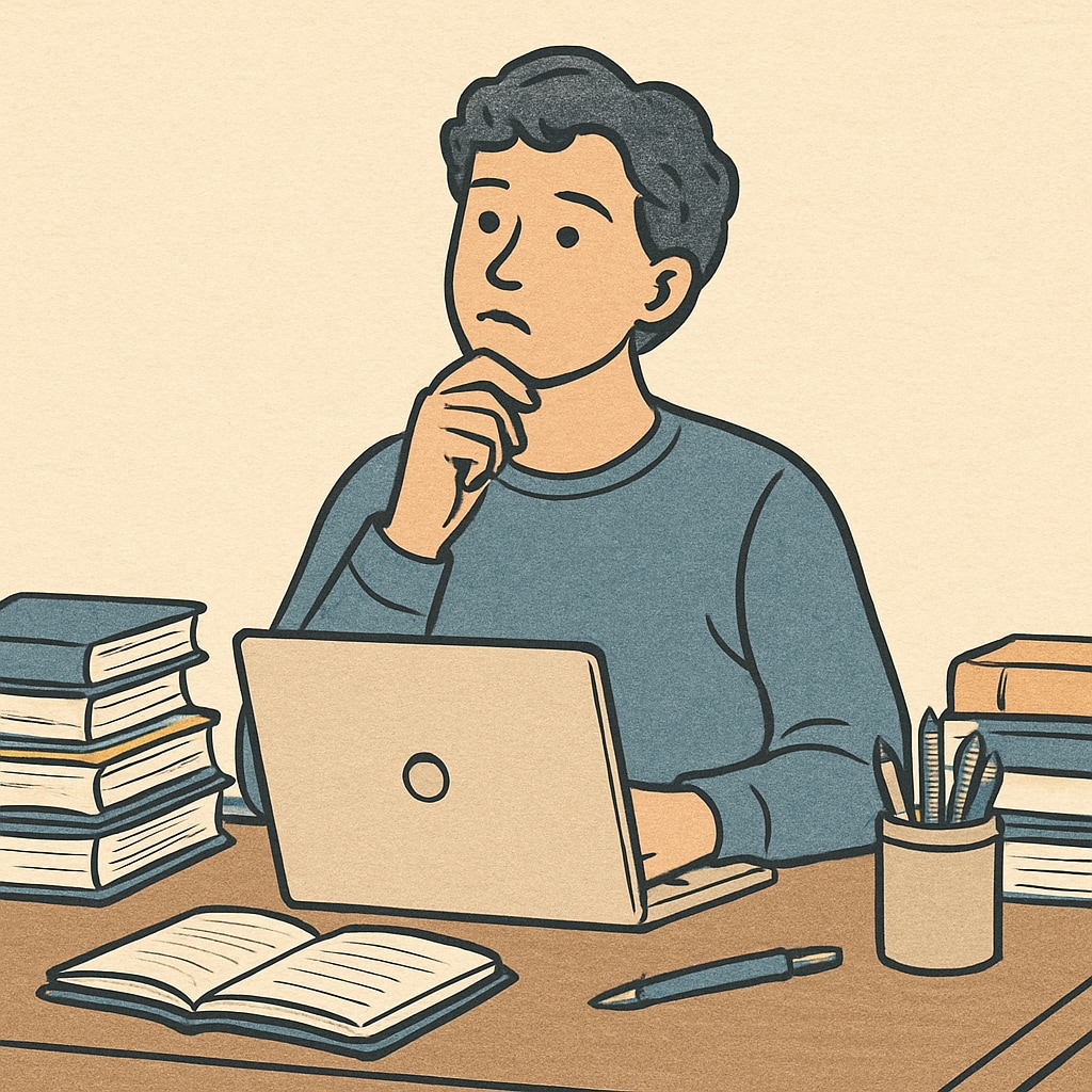 A young adult sitting at a desk with a laptop, surrounded by books, contemplating their next steps in education. University dropout considering education and career options.