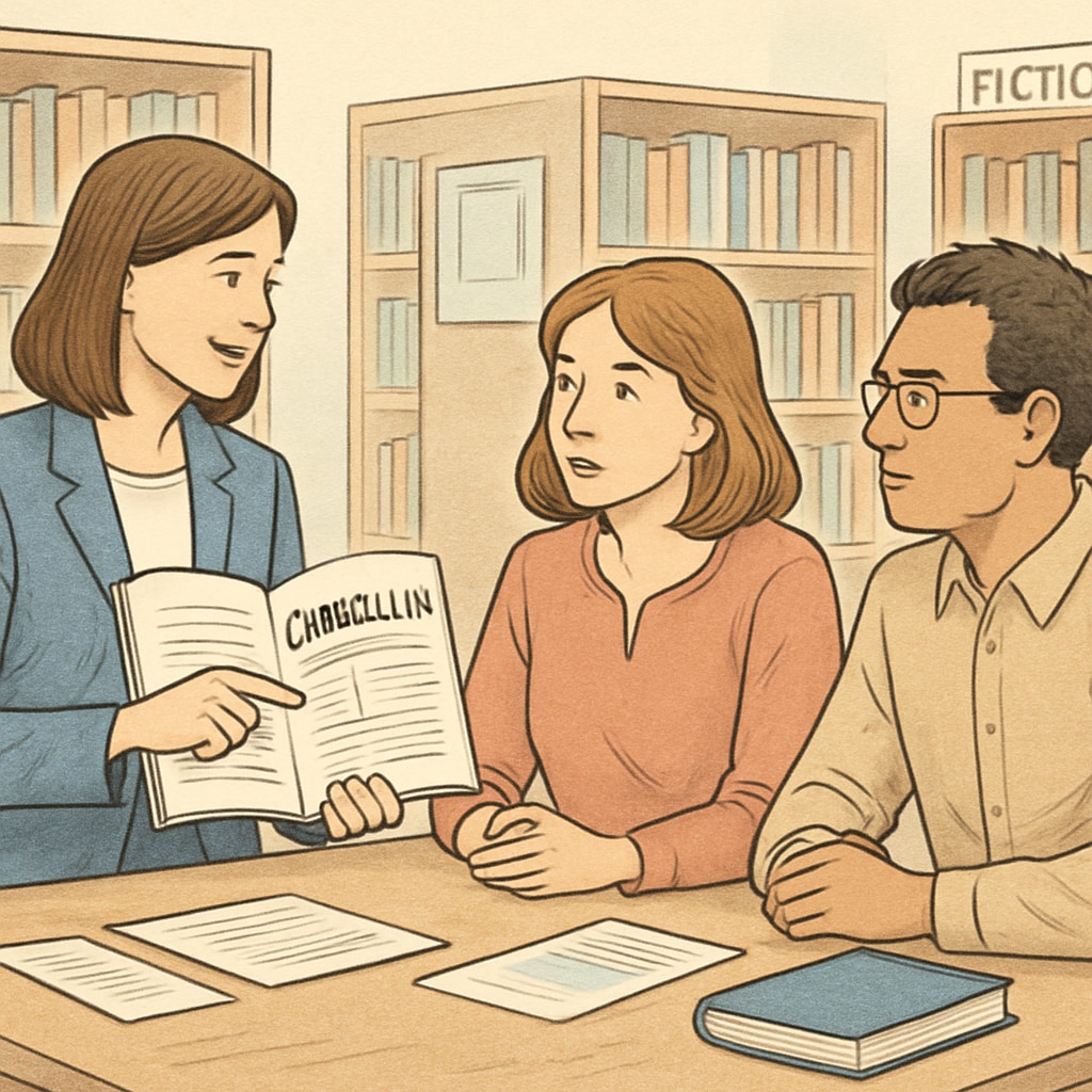 A teacher reviewing curriculum materials with parents in a school library. This image underscores the collaborative approach to addressing public accountability in education. A teacher discussing curriculum transparency with parents in a school setting.