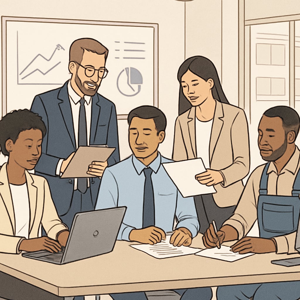 A group of professionals working collaboratively in a modern office setting, highlighting diverse career paths. Diverse professionals discussing unconventional career paths.
