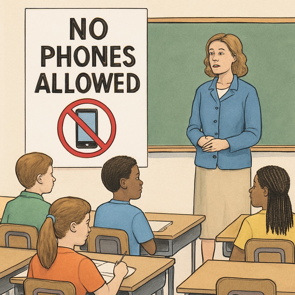 A classroom setting where students are seated, and a sign prominently displays Classroom with students and a