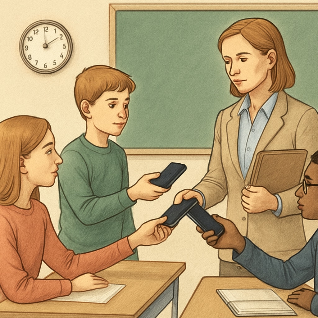 A teacher collecting phones from students at the start of a class. The image emphasizes enforcement of phone bans in schools. A teacher collecting phones from students, illustrating school phone policies.