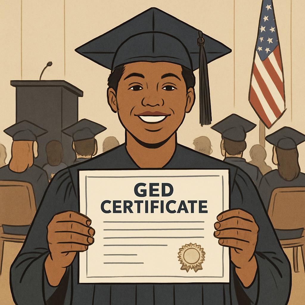 A proud GED graduate holding their certificate, symbolizing adult education success.