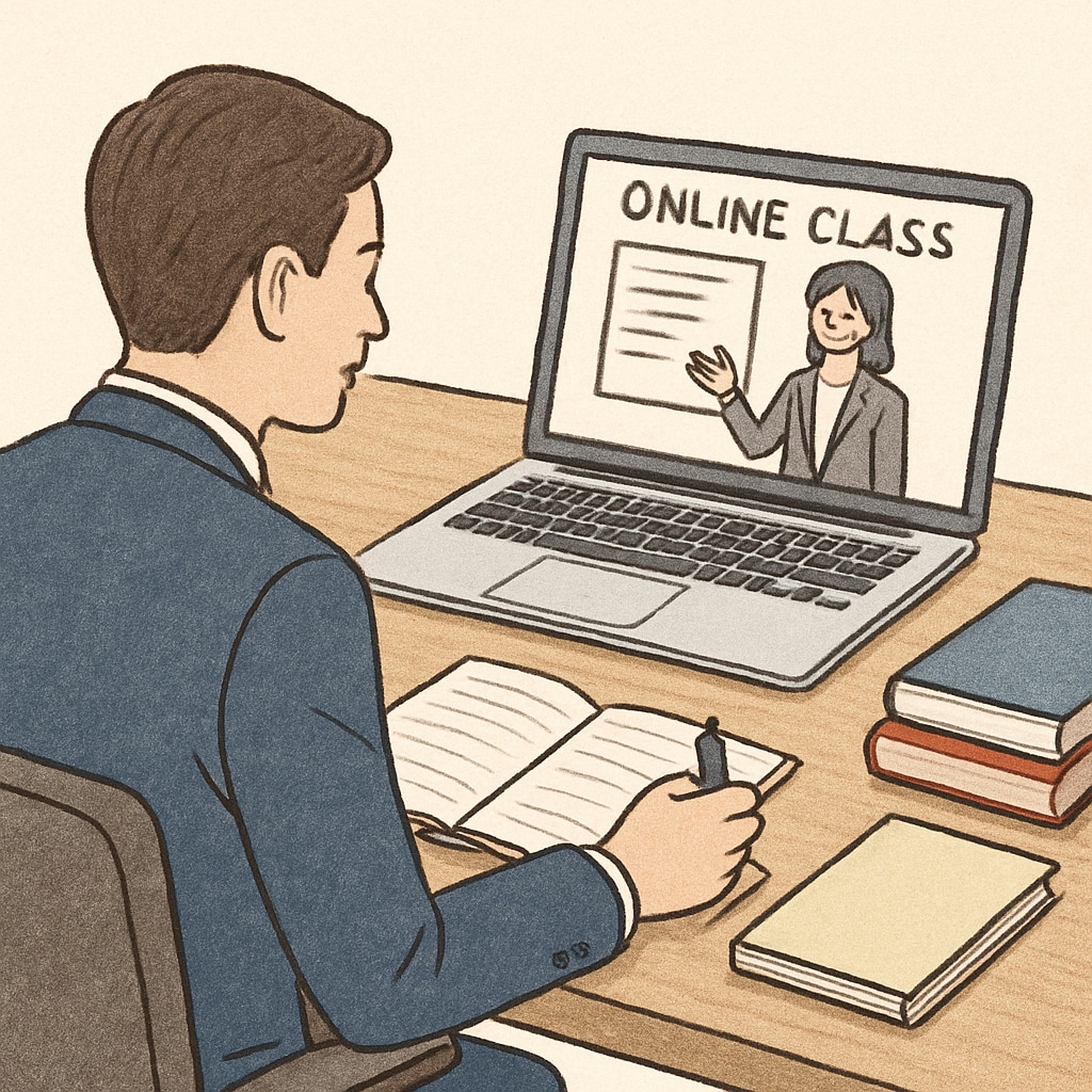 A professional taking an online class on their laptop, representing flexible learning options. Online learning for business and finance degrees.