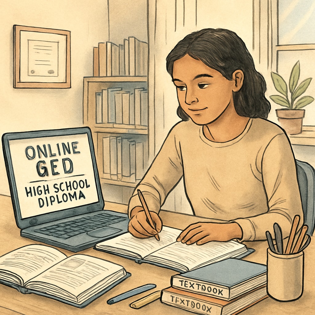 Online GED and high school diploma learning with a young adult using a laptop.