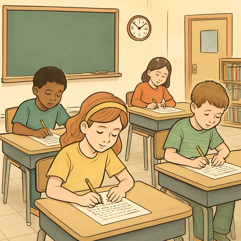 Standardized testing environment with children focusing on their exams.