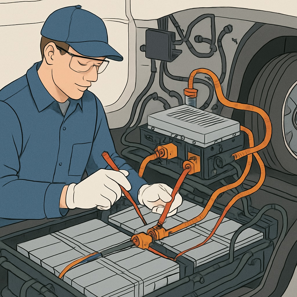 Technician repairing an electric vehicle’s battery management system.