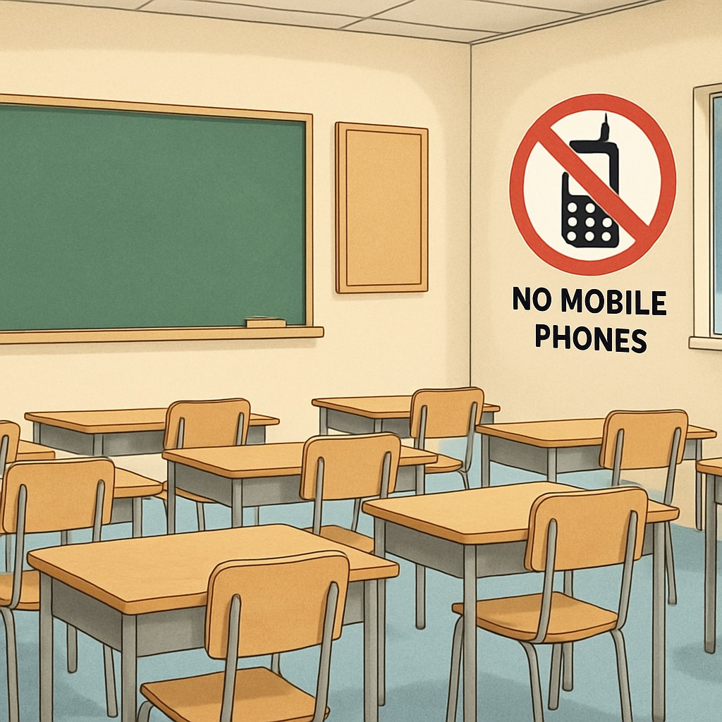 Public school classroom with a sign indicating no mobile phones allowed.