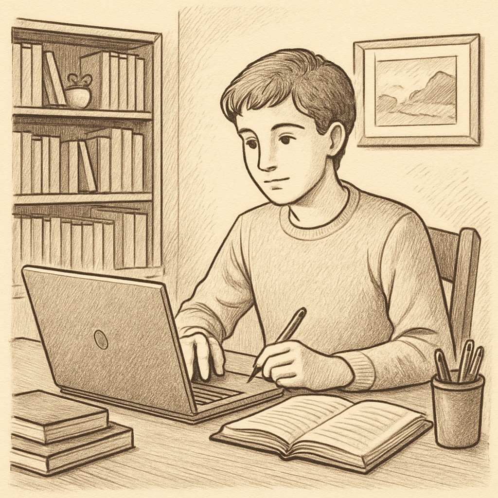 Student practicing self-learning with a laptop.