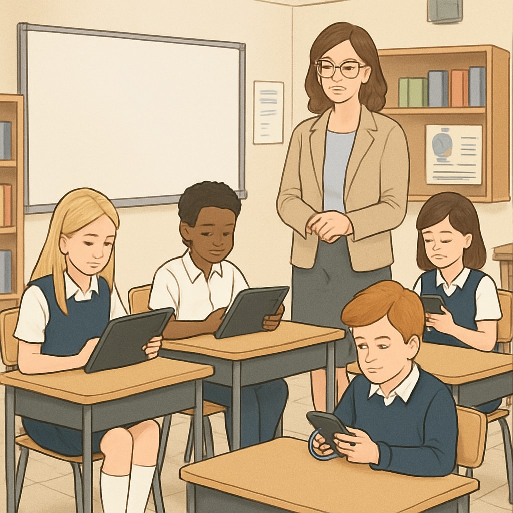 Private school classroom with students using mobile devices for educational purposes.