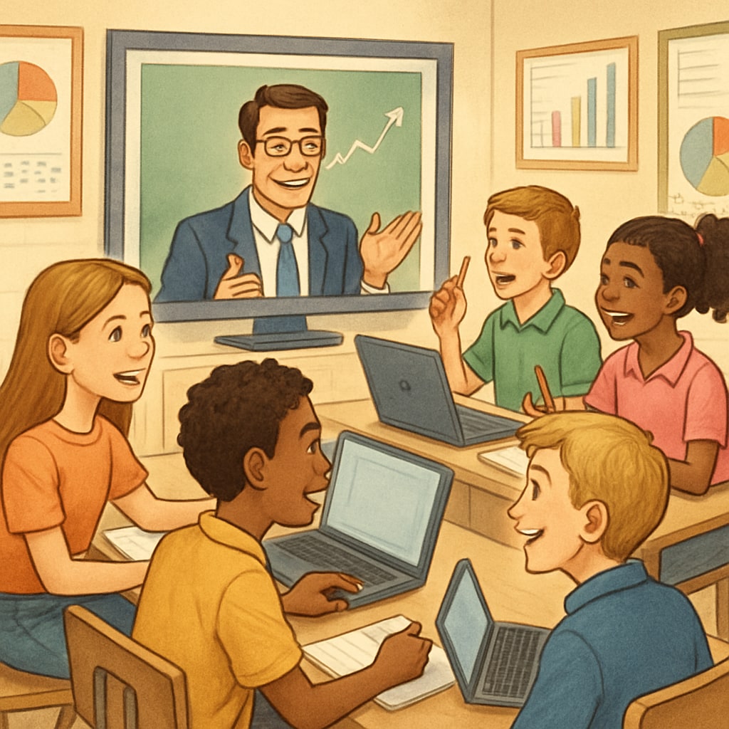 A group of children aged 8-14 attending an engaging virtual business class, with a focus on interactive learning and teamwork. Children in a virtual business education class.