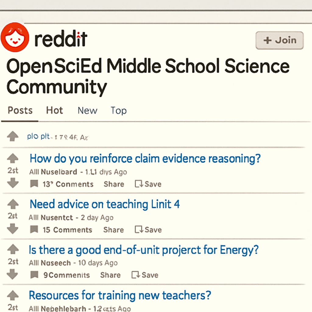 Screenshot of Reddit discussions in the OpenSciEd community, showcasing educator collaboration.