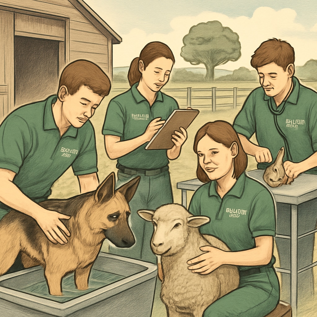 Students at Plumpton College working with animals in a practical session alongside GCSE studies.