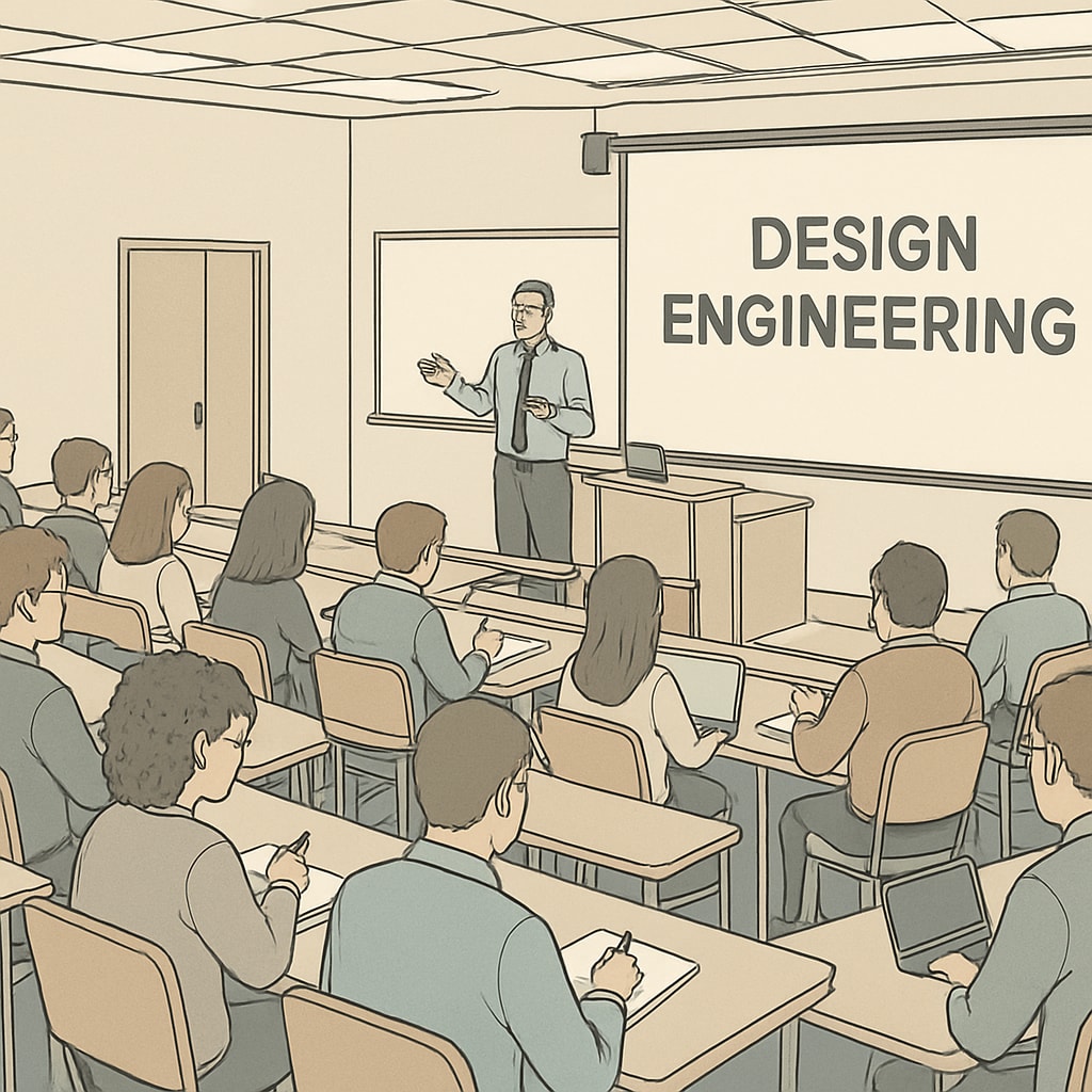 A university lecture hall with students attending a design engineering seminar. Students in a lecture hall learning about design engineering and career paths.