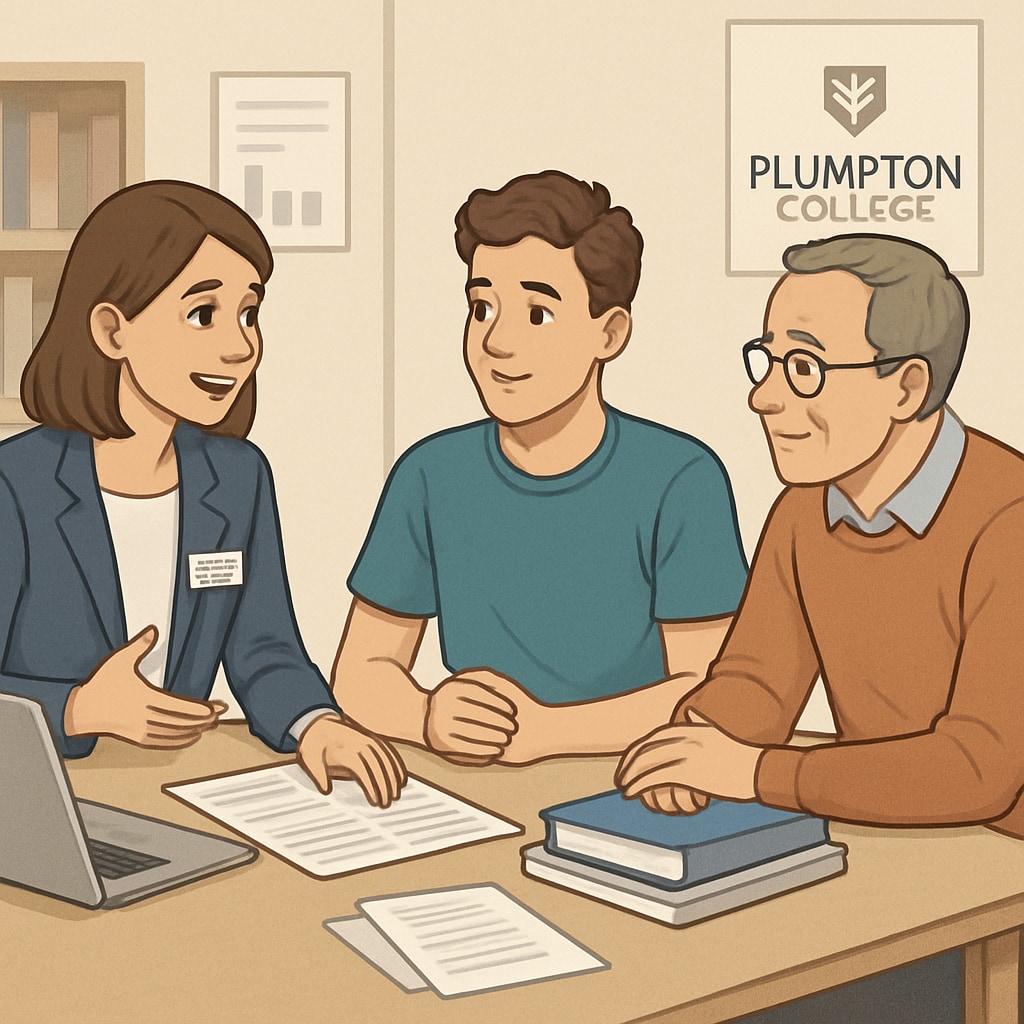 Plumpton College academic advisor assisting a student and guardian with course planning.