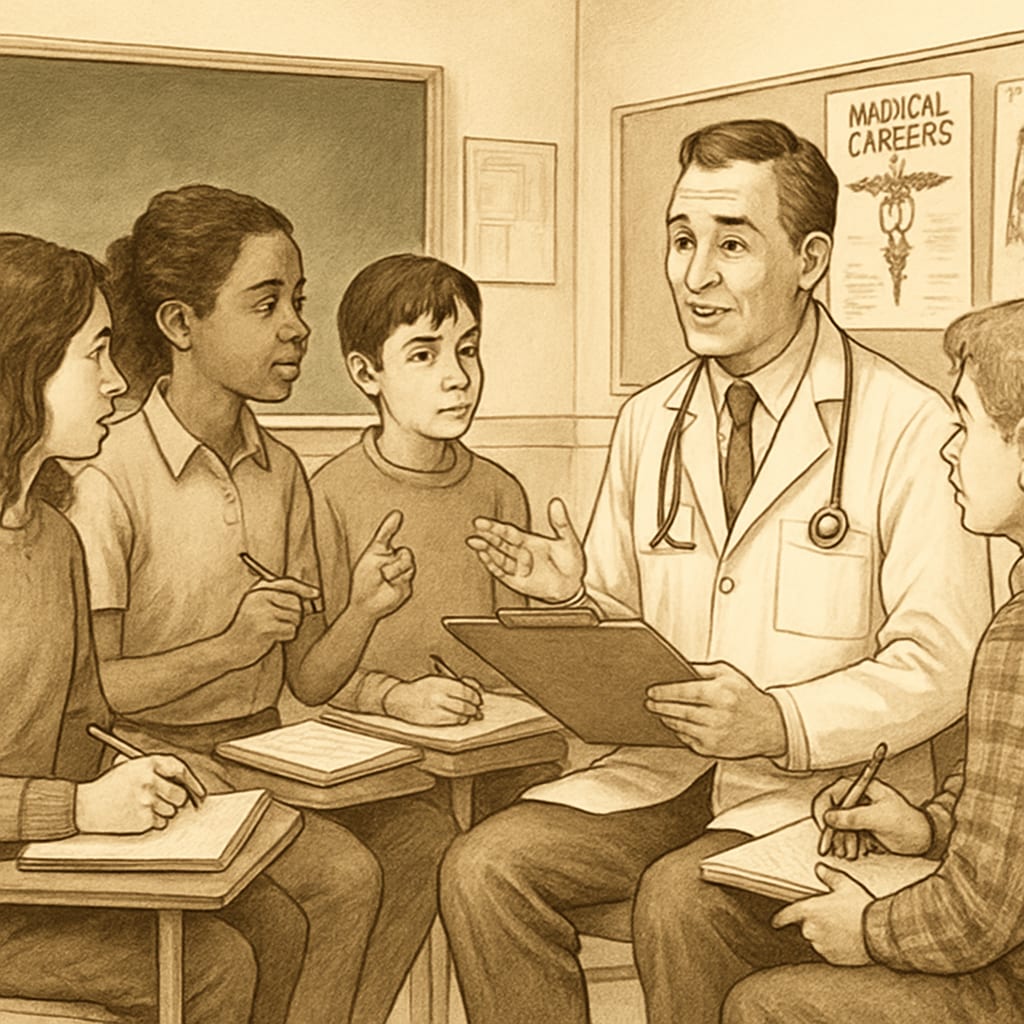 Students interviewing a doctor during a medical career school project.