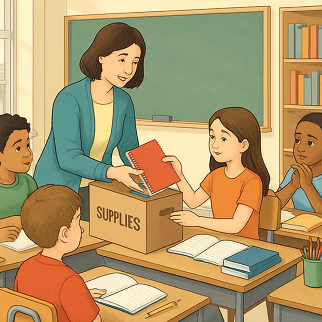 A teacher handing out donated classroom supplies to students in a brightly lit classroom. A teacher distributing donated classroom supplies to students.