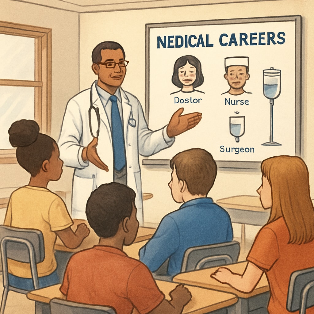 A doctor giving a presentation about medical careers to high school students.