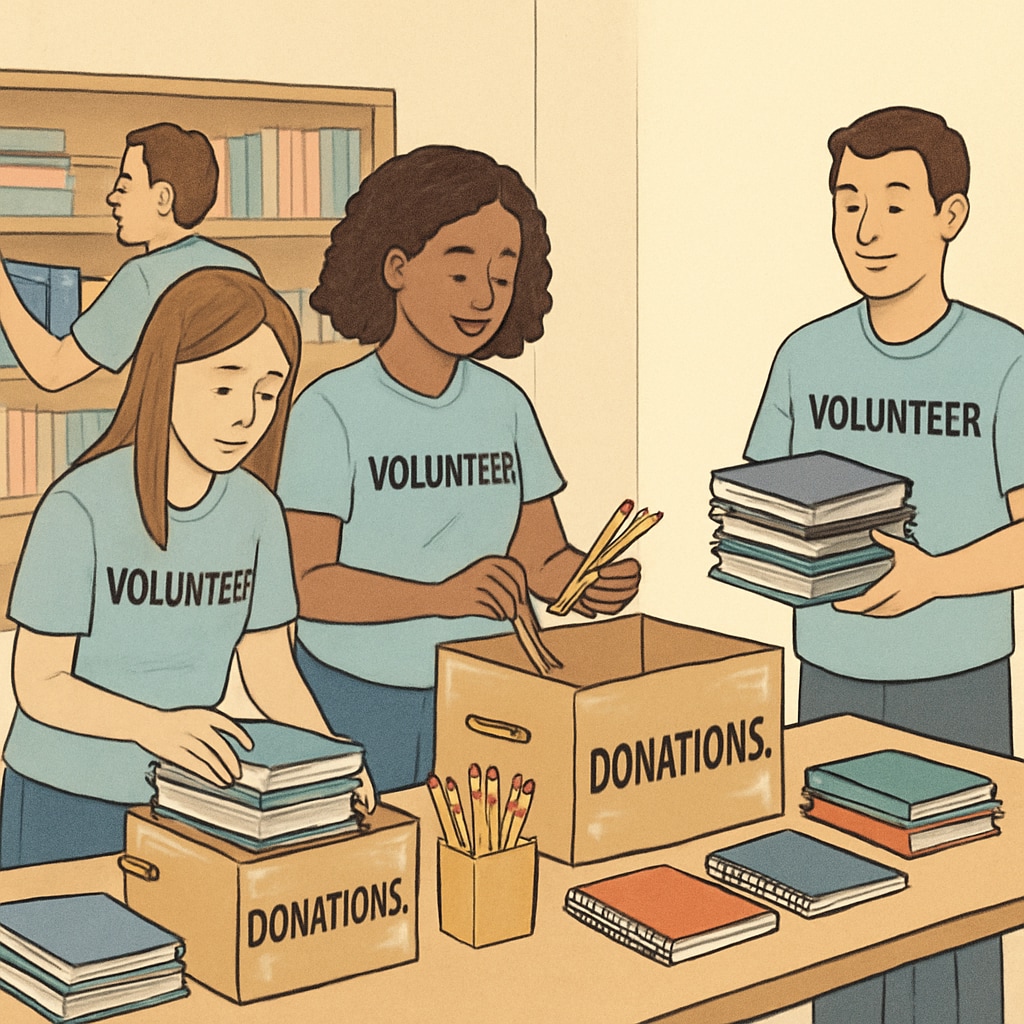 Volunteers sorting donated classroom supplies in a community center. Volunteers organizing donated classroom supplies for schools.