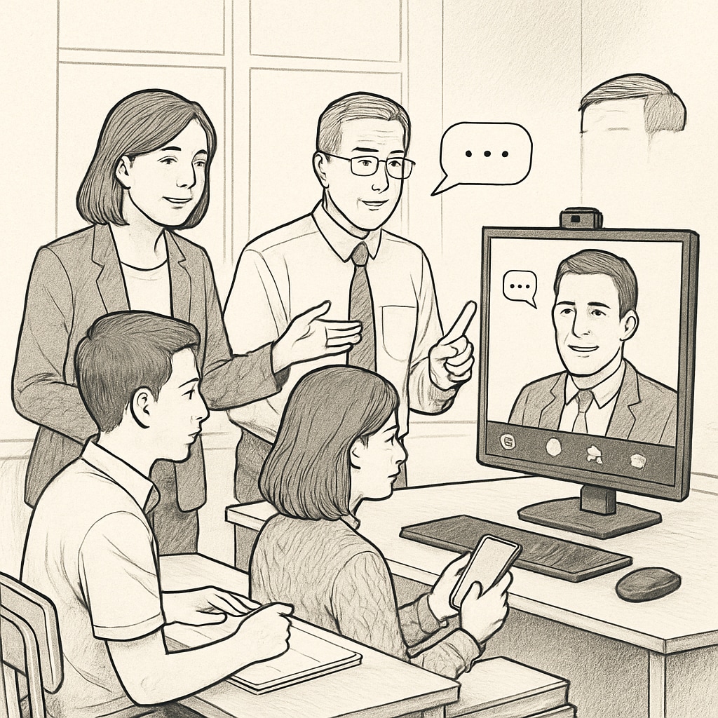 Students and teachers engaging in a video call or messaging platform to improve communication in the classroom. Students and teachers using a messaging platform to solve education challenges and bridge communication gaps.
