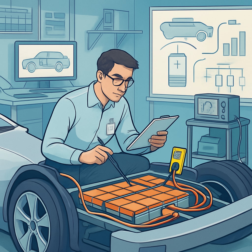 An engineer working on an electric vehicle battery system in a high-tech automotive lab. Electrical learning in the automotive industry—an engineer working on a vehicle battery.