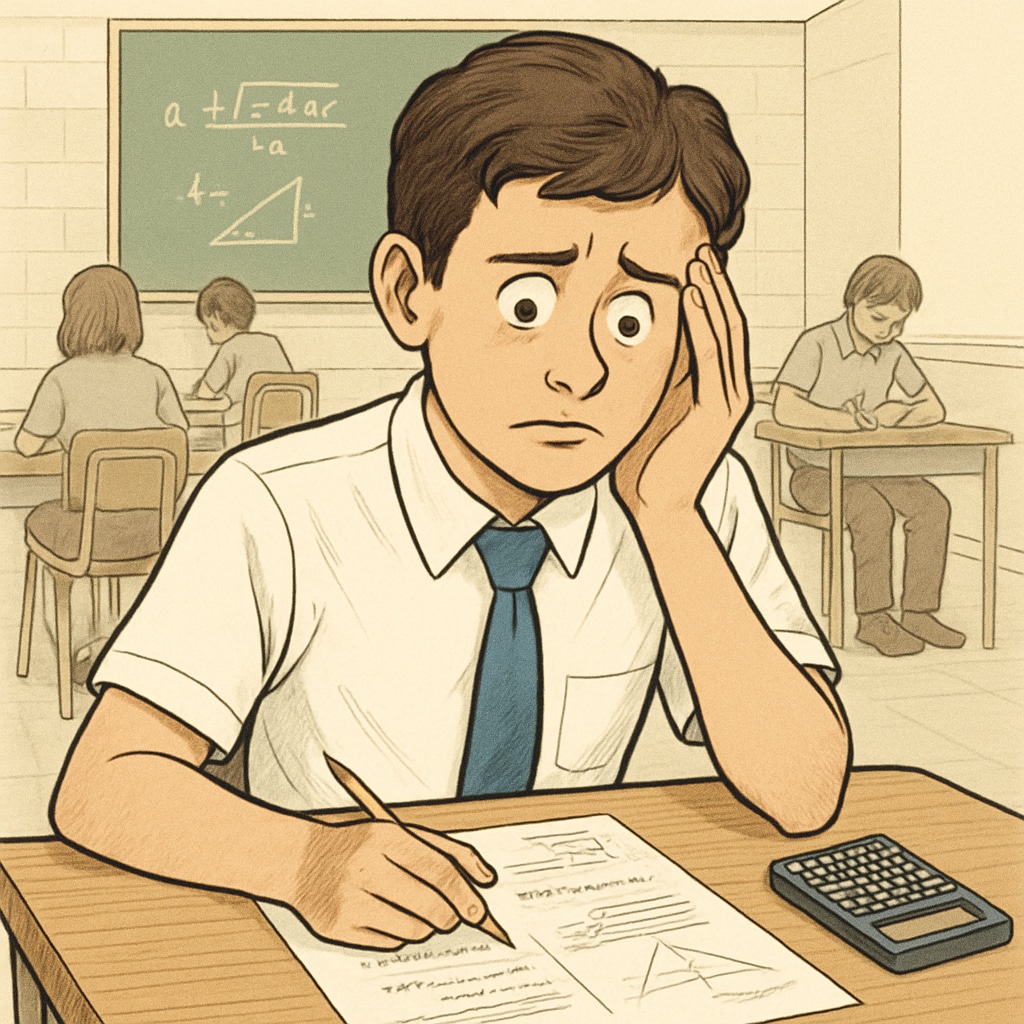 A high school student sitting at a desk, appearing anxious during a math exam. A student experiencing math anxiety during a multi-choice exam.