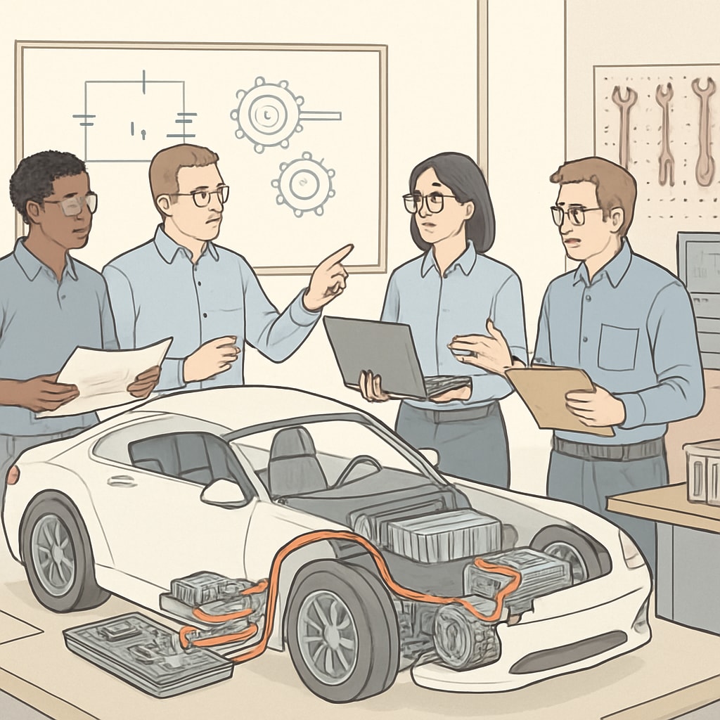A cross-disciplinary team of engineers discussing the integration of electrical and mechanical systems in an autonomous vehicle prototype. Automotive engineers discussing electrical and mechanical integration in autonomous vehicles.