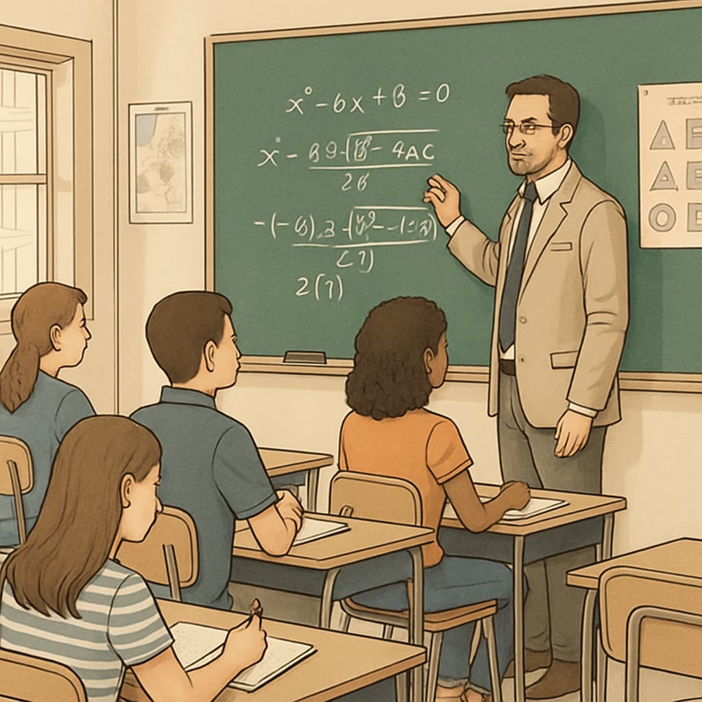 High school teacher explaining a math problem to students.