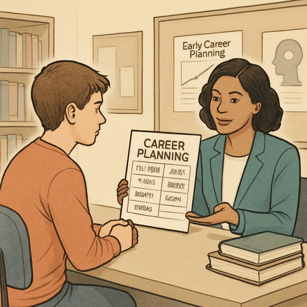A student in a classroom setting, exploring career options with a counselor, symbolizing the importance of early career planning. Career planning with a counselor in a classroom setting