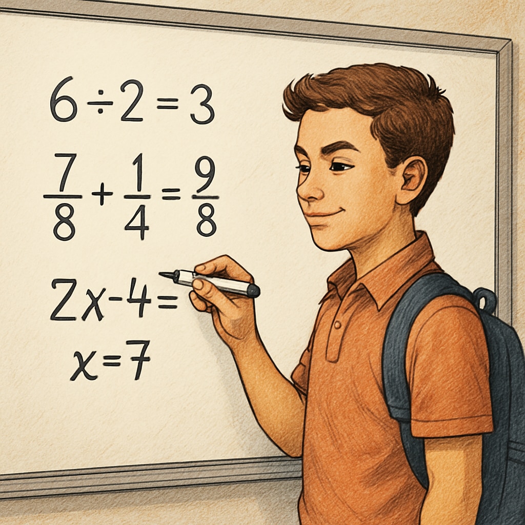 A student confidently solving math problems on a whiteboard, symbolizing mastery over anxiety. A student demonstrating confidence in math problem-solving.