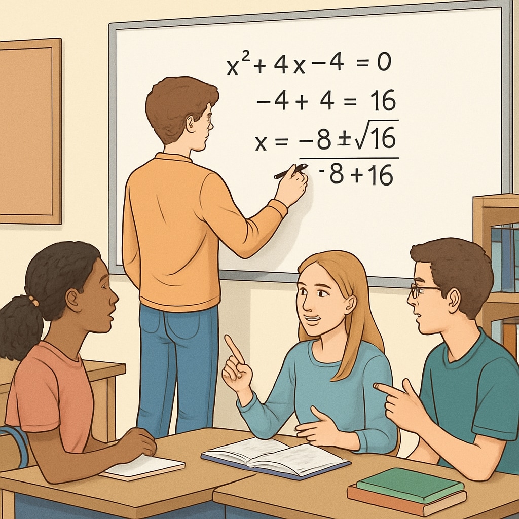 High school student solving a quadratic equation on a whiteboard.