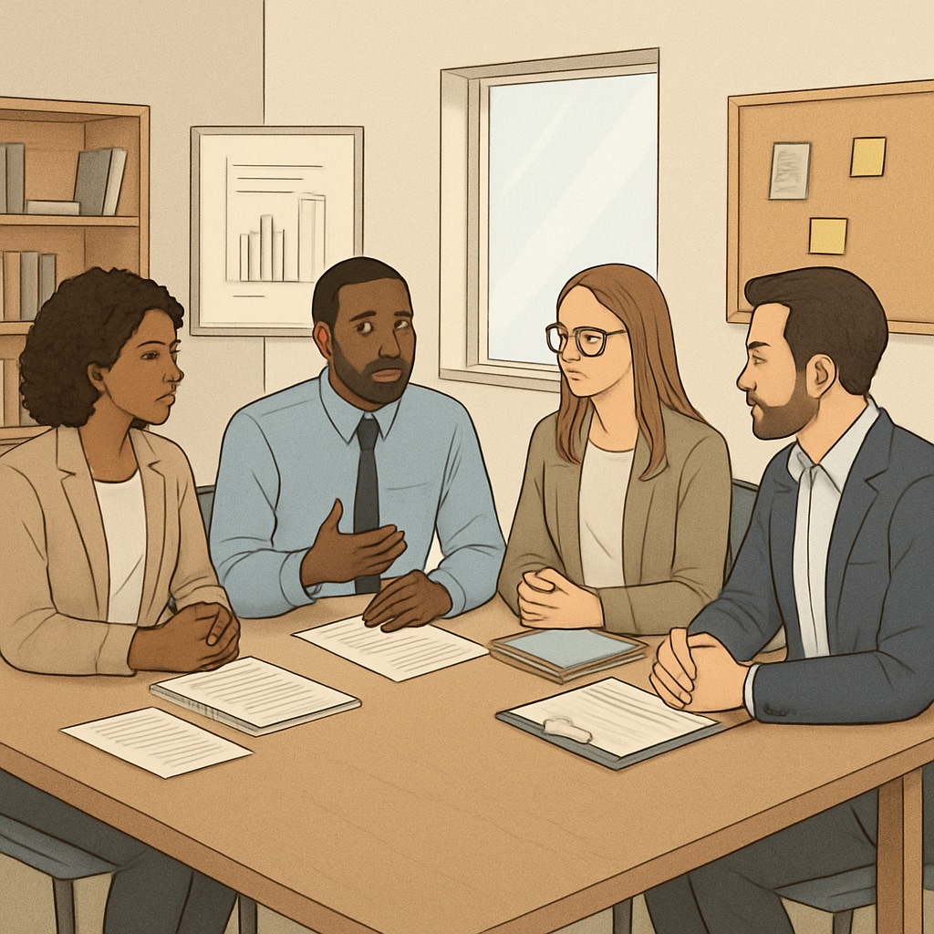A group of K12 school counselors seated at a table discussing strategies for student mental health support. K12 school counselors discussing student mental health strategies.