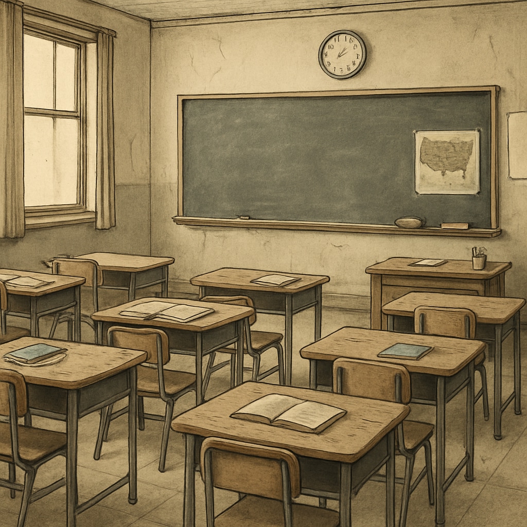 A classroom in a struggling public school, with limited resources and outdated materials. Public school classroom with limited resources, highlighting funding issues.