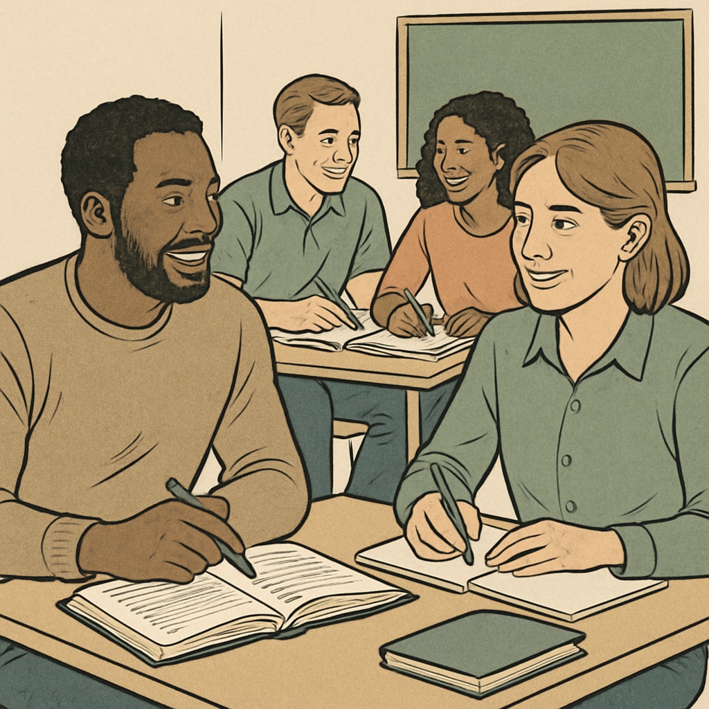 A group of adult learners sitting in a classroom, engaged in discussion or studying, symbolizing GED holders pursuing higher education. Adult learners in a classroom representing GED holders pursuing college education.