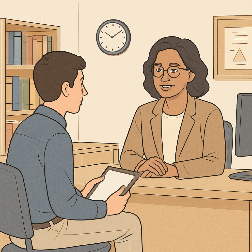 A student conducting an interview with a K12 school counselor in a quiet office setting. Interview with a K12 school counselor in a quiet office.