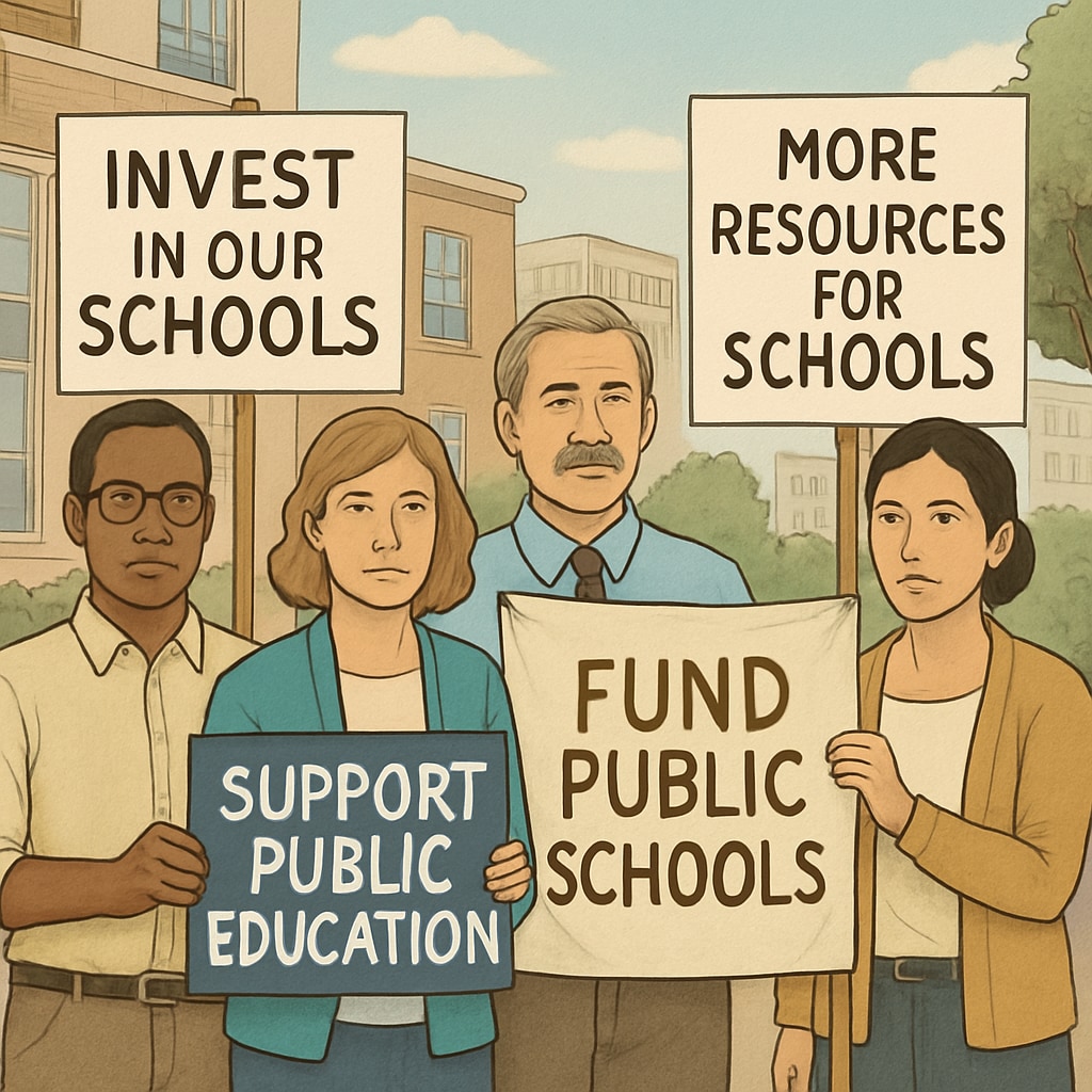 A group of teachers protesting for better funding and resources for public schools. Teachers protesting for public education funding and resources.